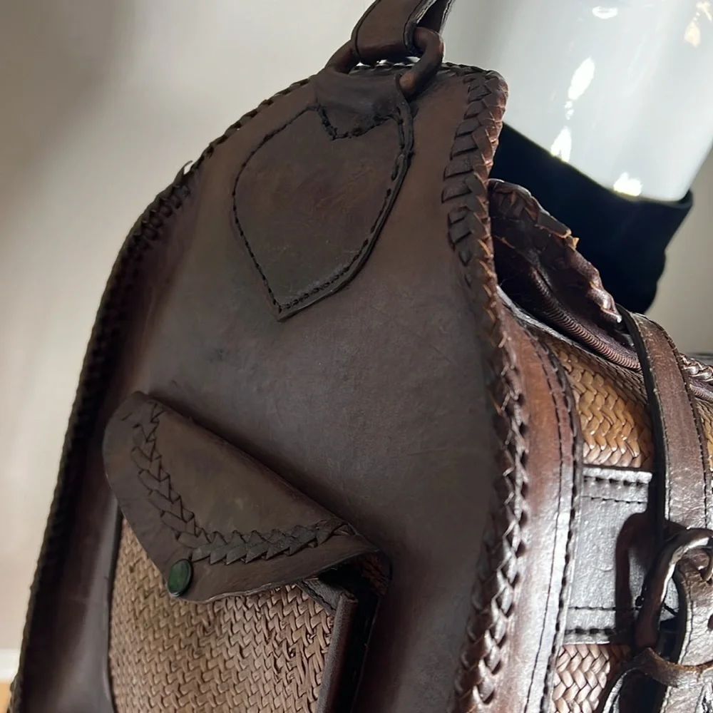 Leather Tightly Woven Wicker Extra Large Double Handle Shoulder Strap Travel Bag